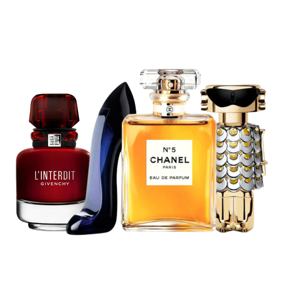 4 Parfums - L'Interdit Rouge, Carolina Herrera GOOD GIRL, Chanel Nº5 et Paco Rabanne FAME (ACHETEZ 1, OBTENEZ 4)